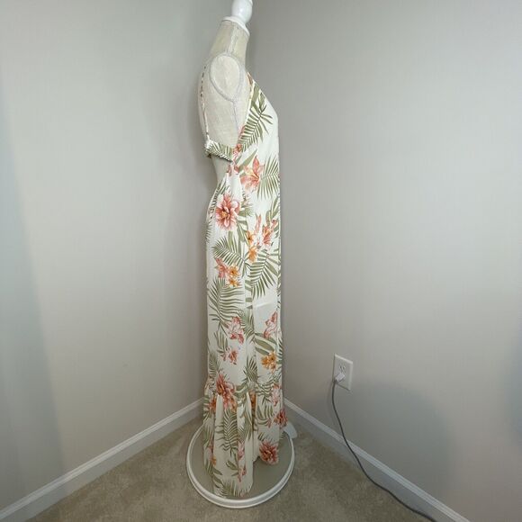 Vestique Floral Full Button Thigh Slit V Neck Maxi Dress Tropical Boho Womens L - Picture 2 of 10